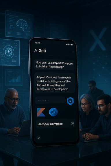 Phone displays Jetpack Compose guidance in a dark, high-tech coworking scene.