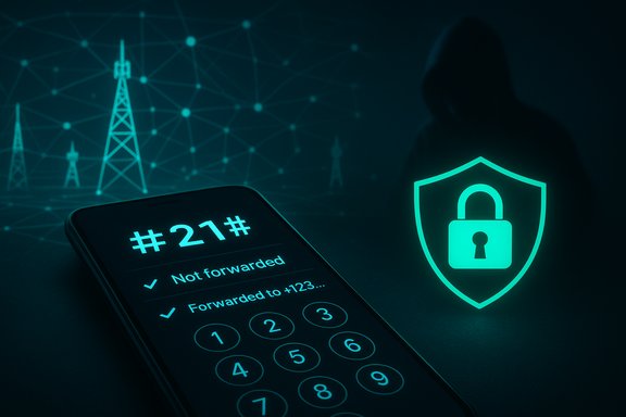 A smartphone shows a message status (#21#) with a glowing shield and padlock, symbolizing cybersecurity.
