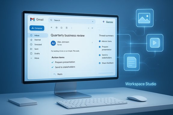 Desktop monitor shows a Gmail draft titled 'Quarterly business review' in a futuristic Workspace Studio UI.