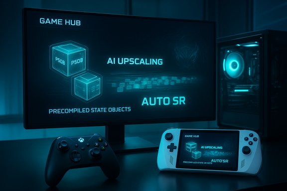 Futuristic gaming setup showcasing AI upscaling on a neon blue monitor and handheld.