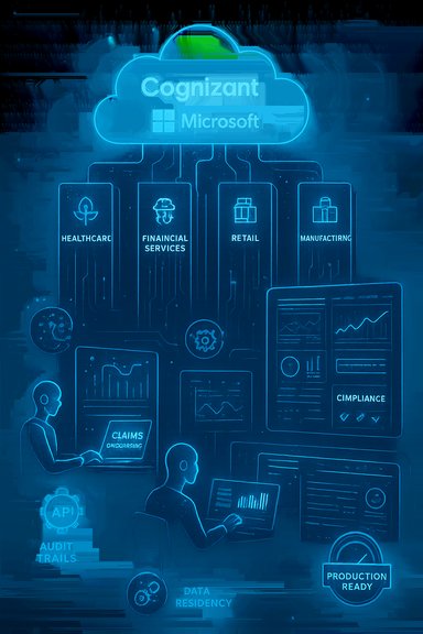 Neon blue cloud diagram from Cognizant and Microsoft linking healthcare, financial services, retail and manufacturing.