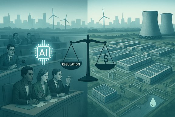 AI regulation weighs technology against costs in a futuristic energy-industrial city.