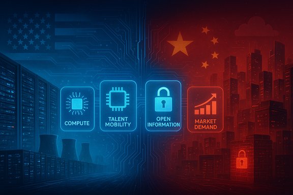 Blue U.S. tech icons contrast with a red China skyline, signaling compute, mobility, open data, and market demand.