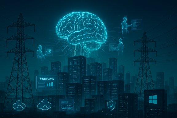 A neon brain hologram hovers over a city, connected by circuits and digital interfaces.