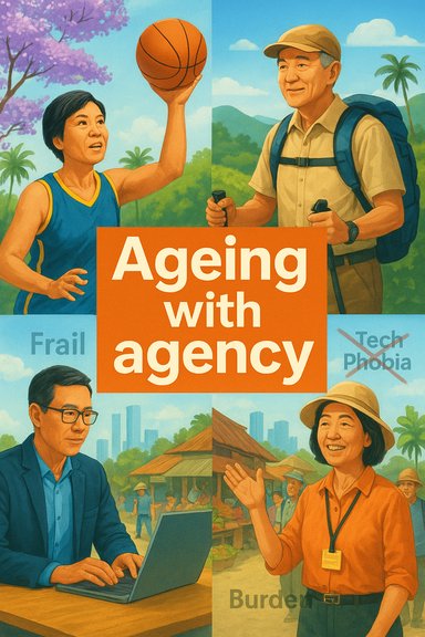 Colorful collage promoting Ageing with agency: seniors active in sport, travel, work, and community.