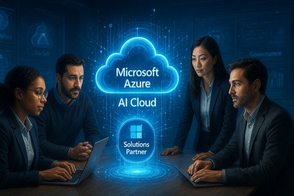 A diverse team collaborates around a glowing Microsoft Azure AI Cloud display.