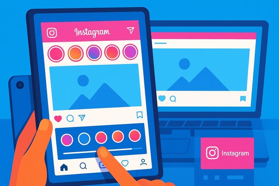 A hand taps Instagram on a tablet while a laptop beside it shows the app’s feed. A hand taps Instagram on a tablet while a laptop beside it shows the app’s feed.