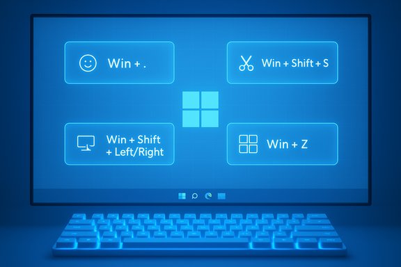 Blue neon display of Windows shortcuts arranged around a central Windows logo.