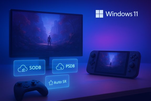 Windows 11 showcase with a monitor and handheld console playing a neon fantasy game and holographic icons.