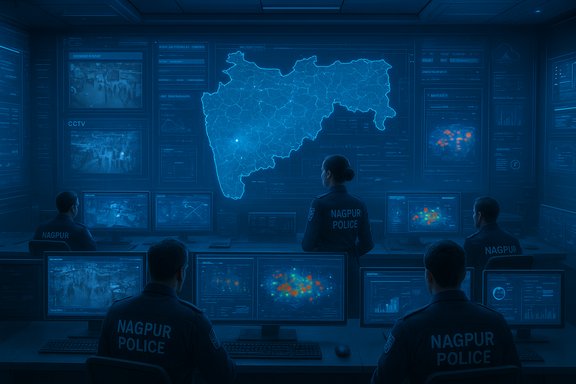 Nagpur Police command center monitoring a large digital map and surveillance screens.