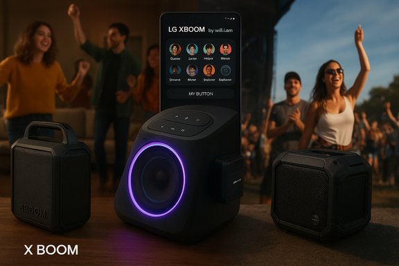 LG XBOOM speaker setup with a smartphone dock and a cheering outdoor party crowd.