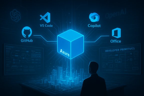 A person studies a glowing Azure cube linking GitHub, VS Code, Copilot, and Office.