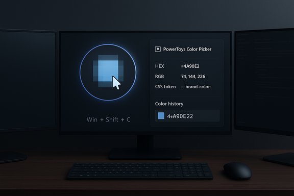 Center monitor displays the PowerToys Color Picker with hex #4A90E2 and RGB values.
