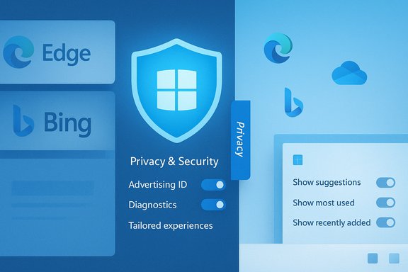 Blue tech illustration of privacy and security settings with a Windows shield and Edge/Bing logos.