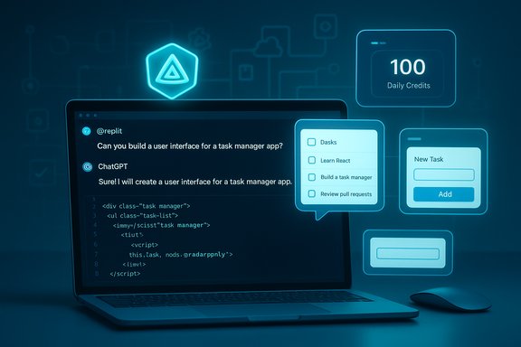 Laptop screen shows code and an AI chat UI with floating task cards and a 100 daily credits badge.