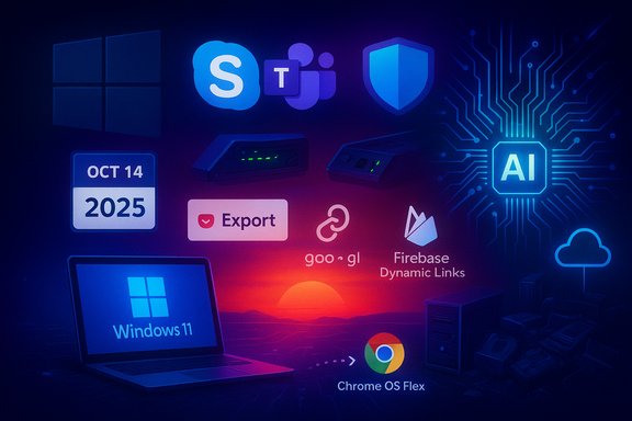 A futuristic collage of tech logos and AI circuitry, featuring Windows 11, Chrome OS Flex, and cloud apps.