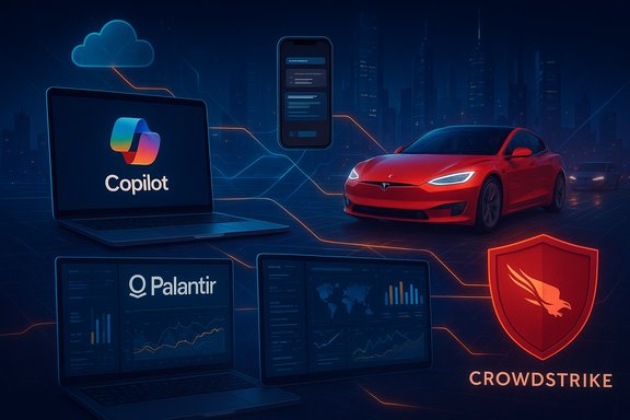 Futuristic tech scene with Copilot, Palantir dashboards, a red Tesla, and a CrowdStrike shield.