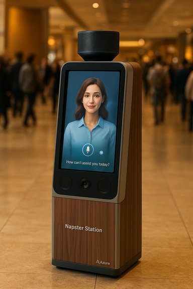 A sleek Napster Station kiosk featuring a portrait touchscreen in a busy public space.