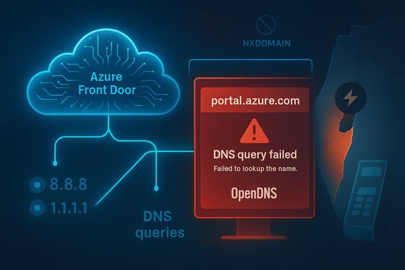 Azure Front Door cloud diagram shows a DNS query failure for portal.azure.com.