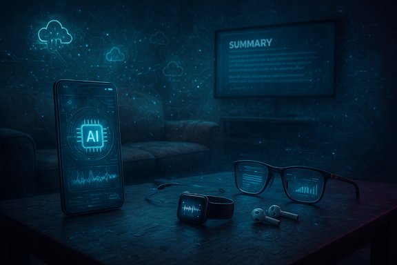 Blue-lit tech desk with AI on a smartphone, wearables, and smart glasses.