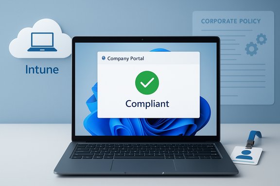 Laptop shows 'Compliant' status on Company Portal, with Intune cloud and corporate policy visuals.