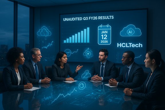 Diverse team discusses unaudited Q3 FY26 results in a blue-lit boardroom.