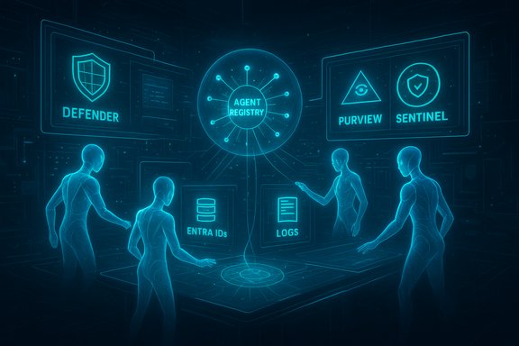 A futuristic team analyzes agent registry and security dashboards on holographic displays.