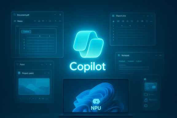 Neon blue Copilot logo glows amid translucent windows of apps.