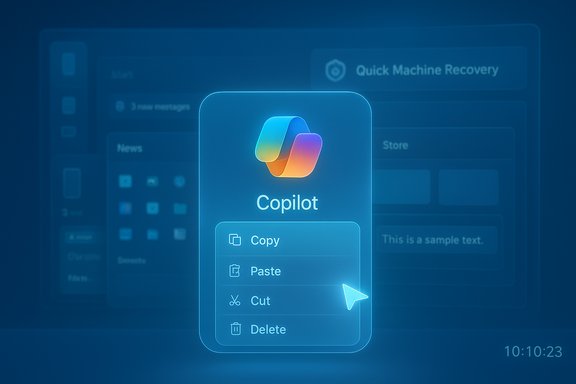 Glowing Copilot card with Copy, Paste, Cut and Delete options in a blue UI.