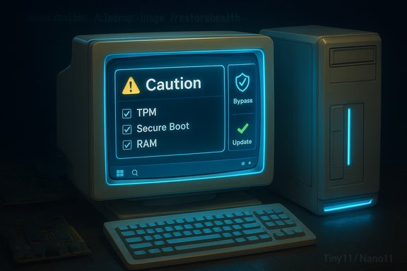 Retro computer monitor shows 'Caution' with TPM, Secure Boot, RAM checked, and bypass/update options.