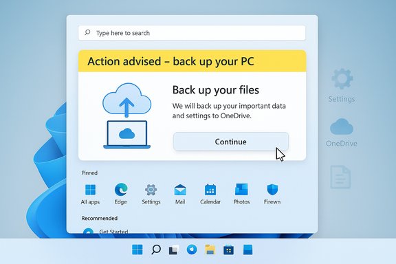 A Windows-style backup notice urging users to back up files to OneDrive with a Continue button.