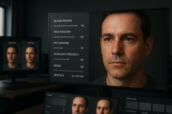 Portrait on a monitor with a panel of sliders adjusting realism and noise reduction.