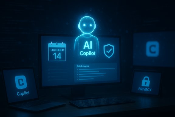 Blue holographic AI Copilot dashboard showing calendar, patch notes, and privacy shield icons.