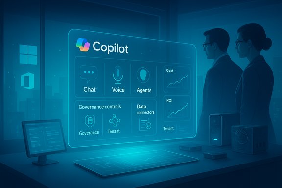 Two professionals review Copilot’s AI dashboard with chat, voice, and metrics.