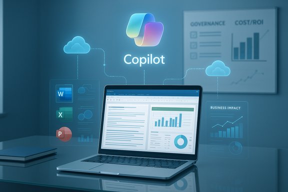 Laptop screen shows dashboards with the Copilot logo and cloud-connected office apps.