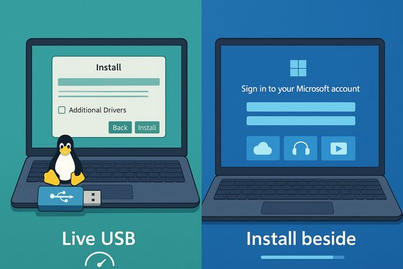 Split-screen: Linux live USB installer on the left, Windows‑style install on the right.