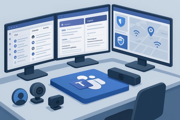 A multi-monitor Teams workspace with cameras and a logoed desk pad.