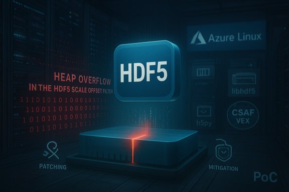 Floating HDF5 icon above a server rack, illustrating patching and mitigation against PoC exploits.