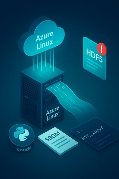Azure Linux cloud streams data from a server, with an HDF5 alert and SBOM/Conda icons.