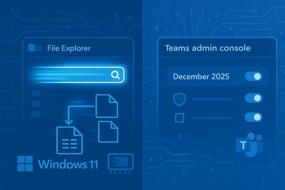 Split-screen Windows 11 UI: File Explorer on the left and Teams admin console on the right.