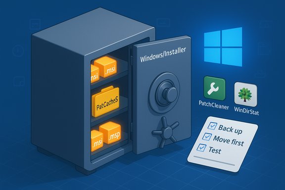 An open safe reveals MSI blocks labeled PatchCaches beside Windows/Installer icons and a backup checklist.
