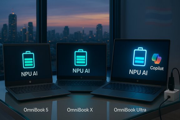 Three laptops display NPU AI logos on a glass desk at dusk, labeled OmniBook 5, X and Ultra.