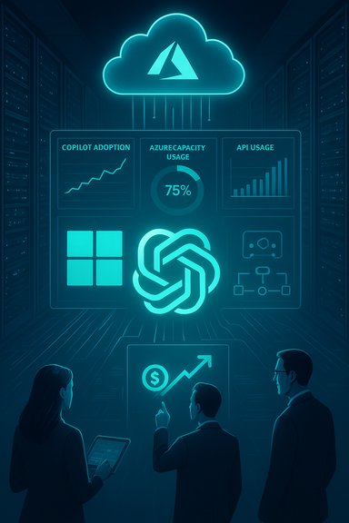 A neon blue cloud dashboard in a data center tracks Azure usage and adoption.