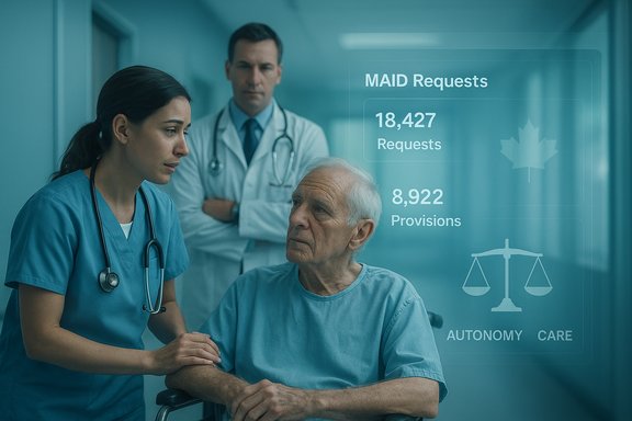 A nurse consoles an elderly patient as a medical team reviews MAID requests on a glass display.