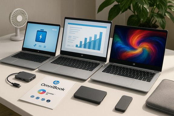 Three OmniBook laptops sit on a desk with external drives and a brochure. Three OmniBook laptops sit on a desk with external drives and a brochure.