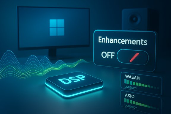 Blue-tech scene featuring a glowing DSP chip, Windows monitor, and an OFF Enhancements toggle with latency meters.