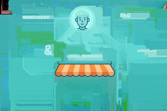 A local business storefront icon with a schema.org diagram overlay.