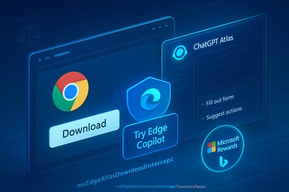 A futuristic UI shows Chrome download, Edge Copilot trial, and ChatGPT Atlas options.