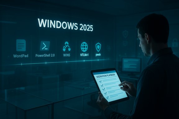 A man studies a Windows 2025 interface with a migration playbook on a tablet.