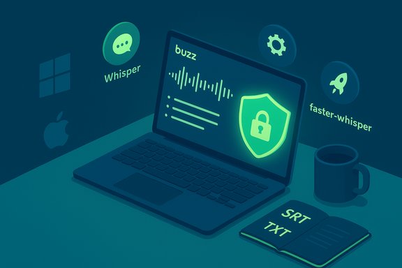 Neon teal desk scene: laptop shows a glowing shield lock with Whisper icons and an SRT/TXT notebook.